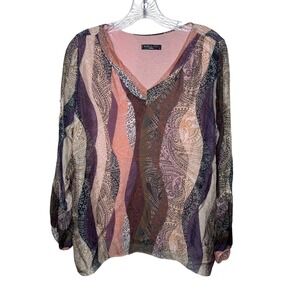 Made in Italy Silk Blend Paisley Stripe‎ V Neck Long Sleeve Top Blouse M